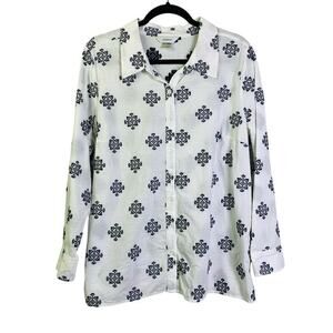 CJ BANKS Blouse Top Button Down‎ Novelty Embroidered Boho Artsy Workwear Preppy
